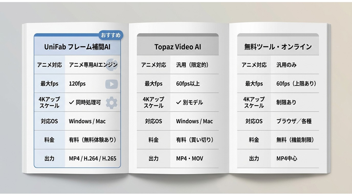 UniFab フレーム補間AI・Topaz Video AI・無料ツールのアニメ60fps化スペック比較：最大fps・4Kアップスケール・料金