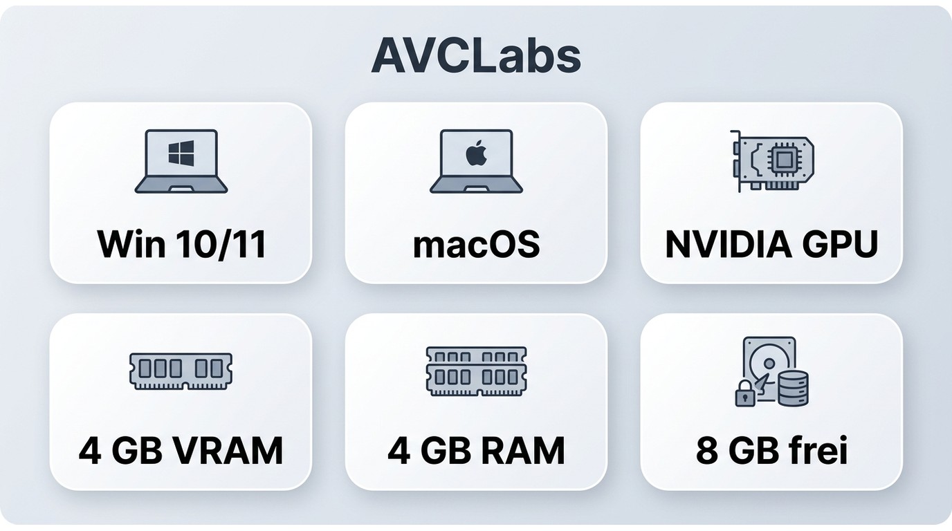 AVCLabs Systemanforderungen mit Windows, macOS, NVIDIA GPU, VRAM, RAM und Speicherbedarf