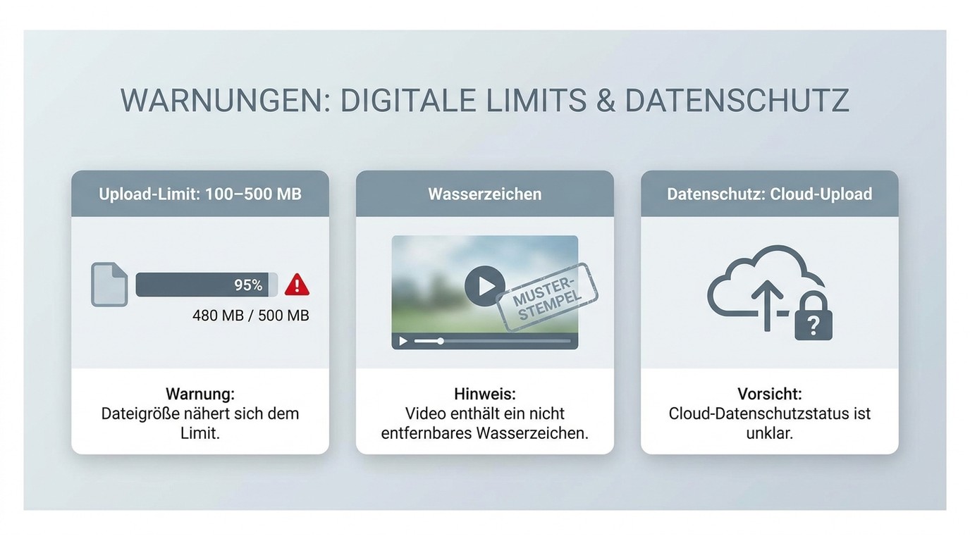 Online-Stabilisatoren Grenzen: Upload-Limit, Wasserzeichen und Datenschutz-Risiko durch Cloud-Upload