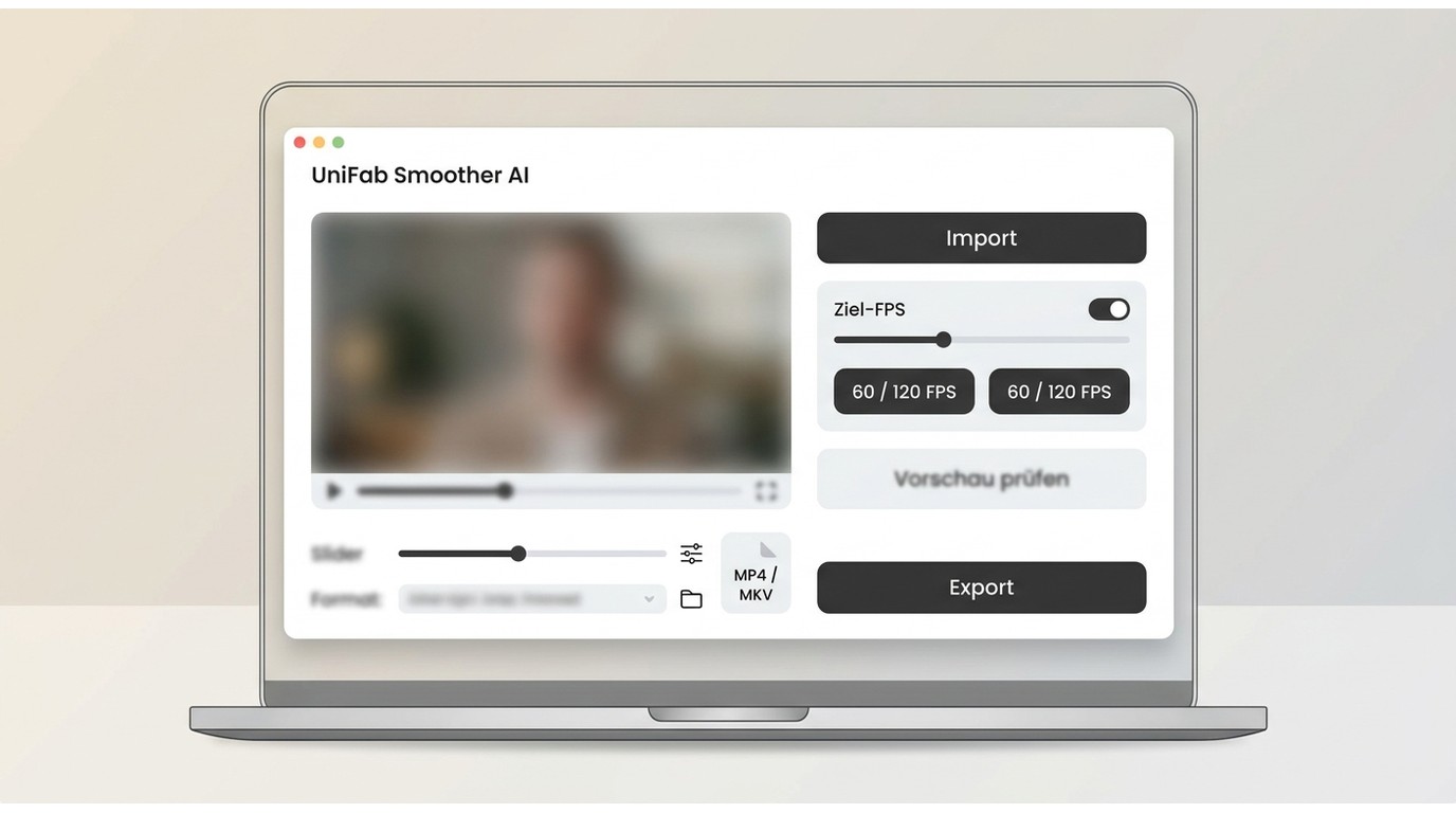 UniFab Smoother AI Workflow mit Import, Ziel-FPS, Vorschau und Export.