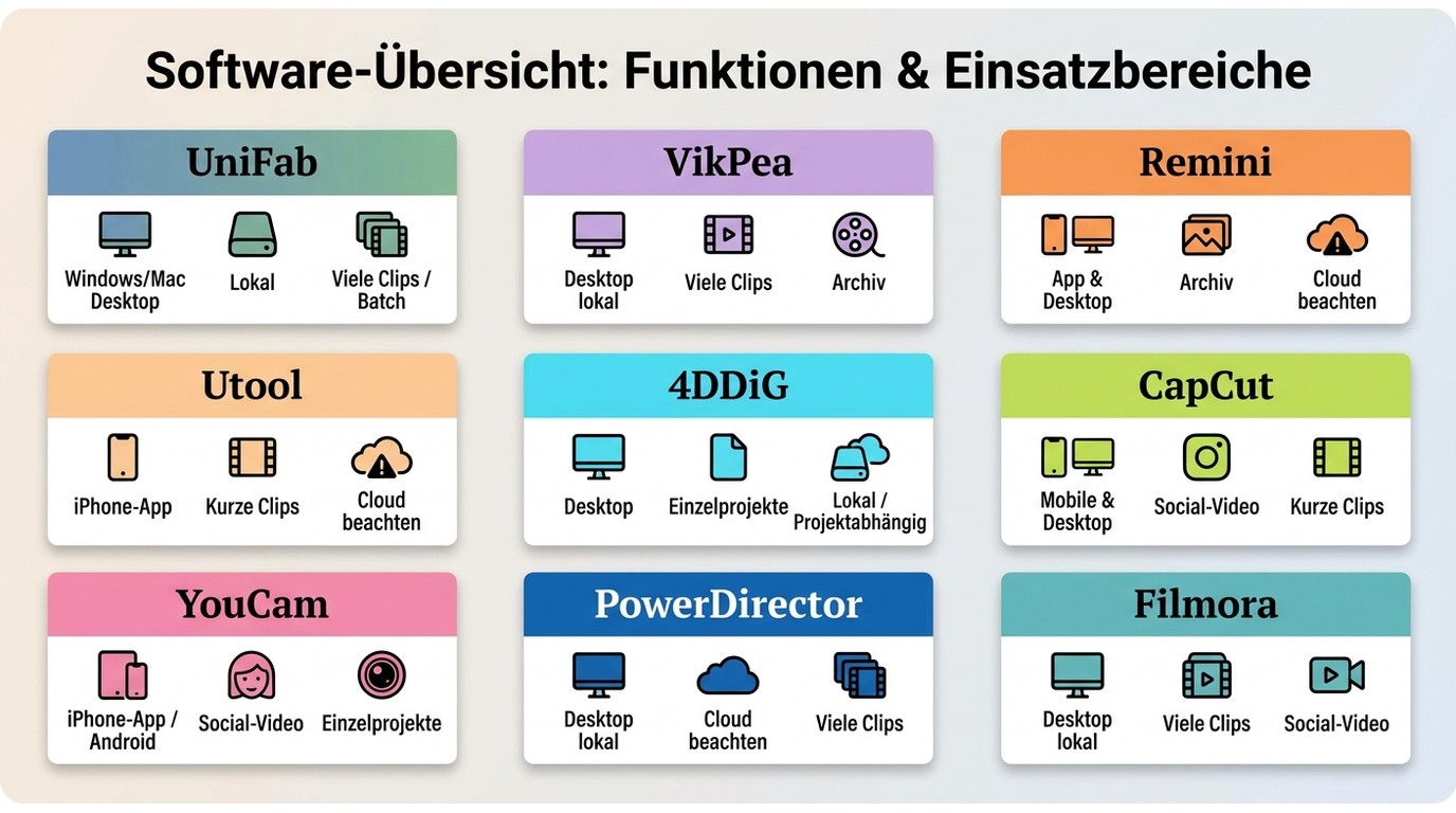 Vergleich von UniFab, Utool, YouCam, VikPea und weiteren Tools nach Plattform und Workflow