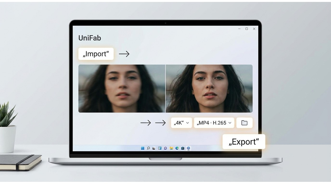 UniFab-Workflow mit Vorschau sowie MP4- und H.265-Exporteinstellungen
