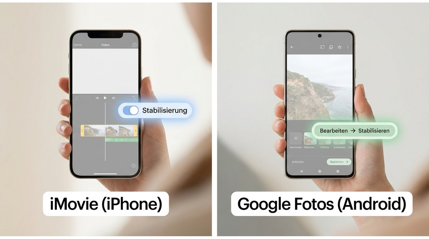 iMovie Stabilisierung auf iPhone und Google Fotos Stabilisieren auf Android im Vergleich