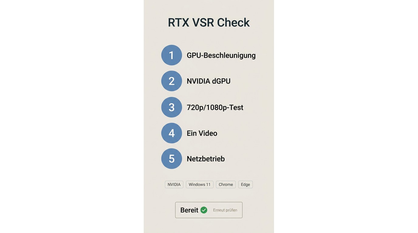 Prüfpfad für RTX VSR-Probleme mit Hardwarebeschleunigung, dGPU, Testvideo und Netzbetrieb