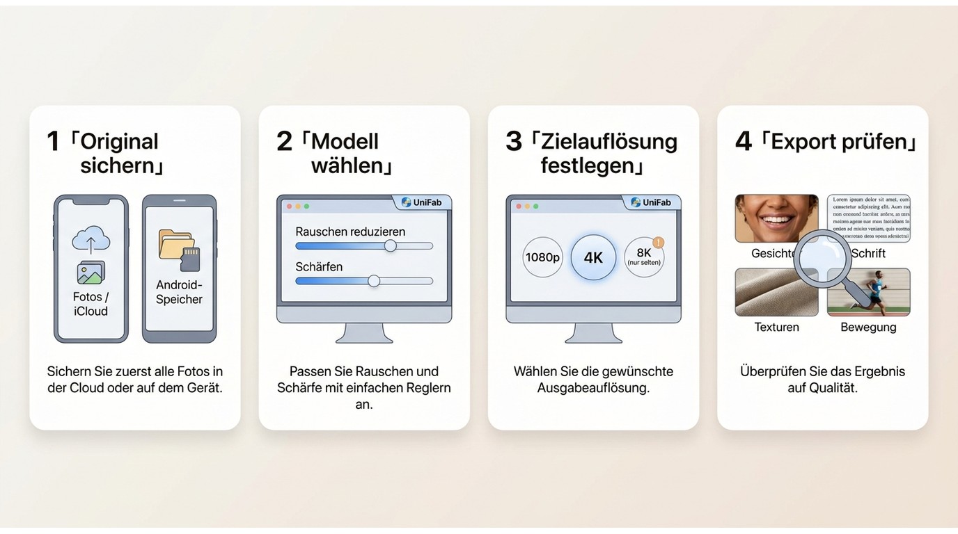 Vier Schritte zum Hochskalieren von Handy-Videos: Original, Modell, Zielauflösung und Export prüfen