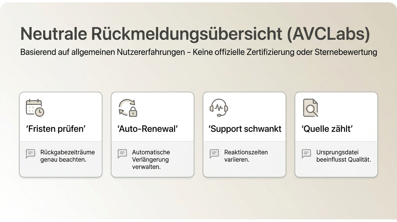 AVCLabs Nutzerfeedback zu Rückerstattung, Auto-Renewal, Support und Ausgabequalität