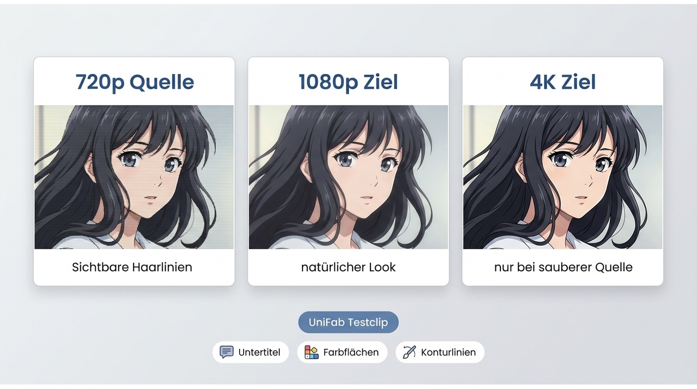 Vergleich von 720p, 1080p und 4K bei Anime mit UniFab-Testclip und Qualitätsmerkmalen