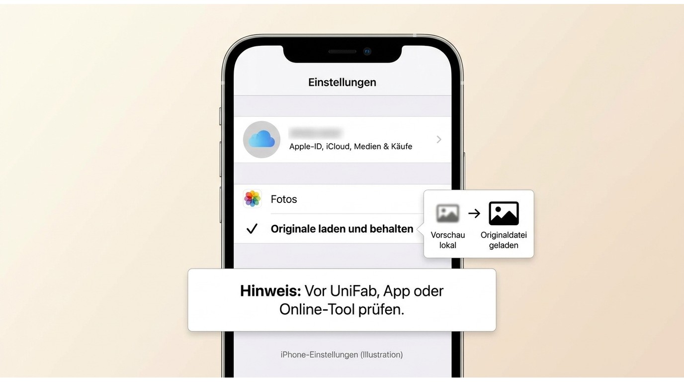 iCloud-Einstellung „Originale laden und behalten“ vor dem Upscaling von iPhone-Videos