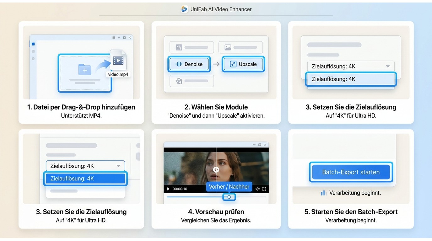UniFab AI Video Enhancer: 5-Schritte-Workflow von Import über Modulwahl und Vorschau bis zum Batch-E