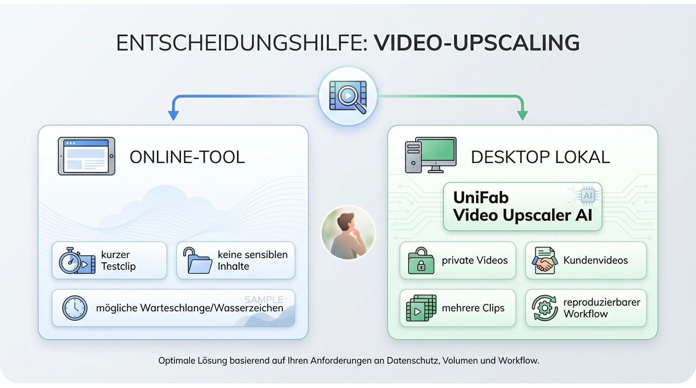 Online-Tools vs. UniFab Desktop nach Datenschutz, Clip-Länge und Wiederholbarkeit