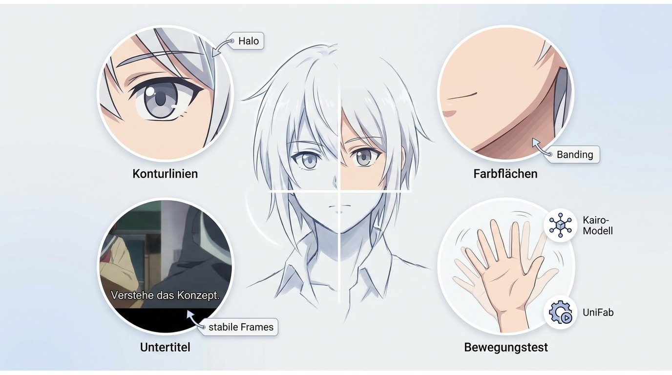 Anime-Details zu Konturlinien, Farbflächen, Untertiteln und Bewegungstest im Kairo-Modell