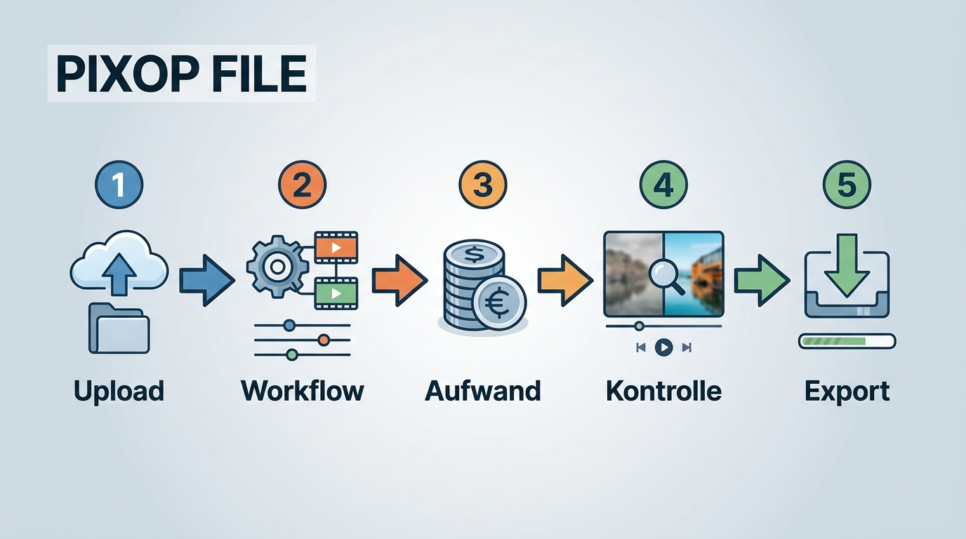Pixop FILE von Datei-Upload und Workflow-Auswahl bis Qualitätskontrolle und Export