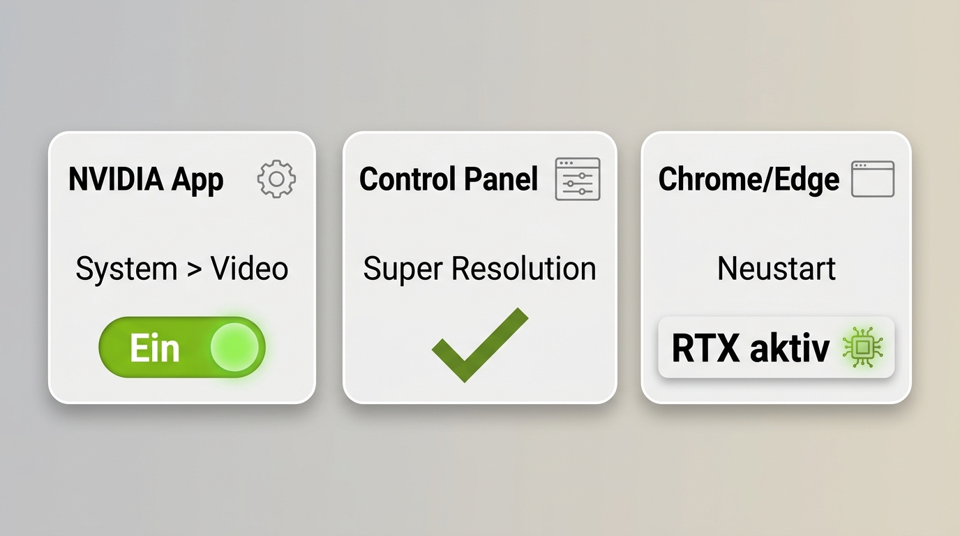 Aktivierung von RTX VSR in NVIDIA App, Control Panel und nach Neustart von Chrome oder Edge