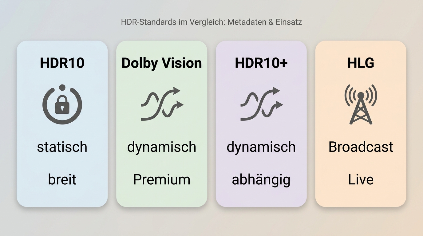Unterschiede zwischen HDR10, Dolby Vision, HDR10+ und HLG bei Metadaten und Einsatz