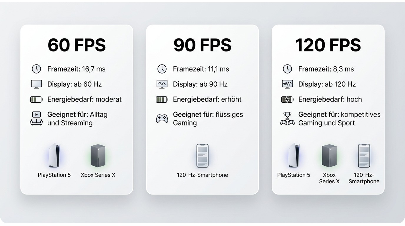 Vergleich von 60, 90 und 120 FPS nach Framezeit, Displayrate, Energiebedarf und Einsatz