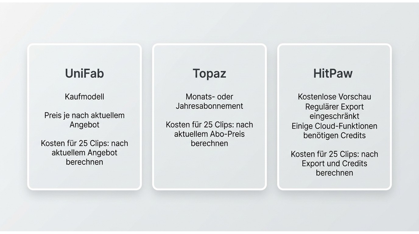 Kostenmodell von UniFab, Topaz Video und HitPaw VikPea pro Clip