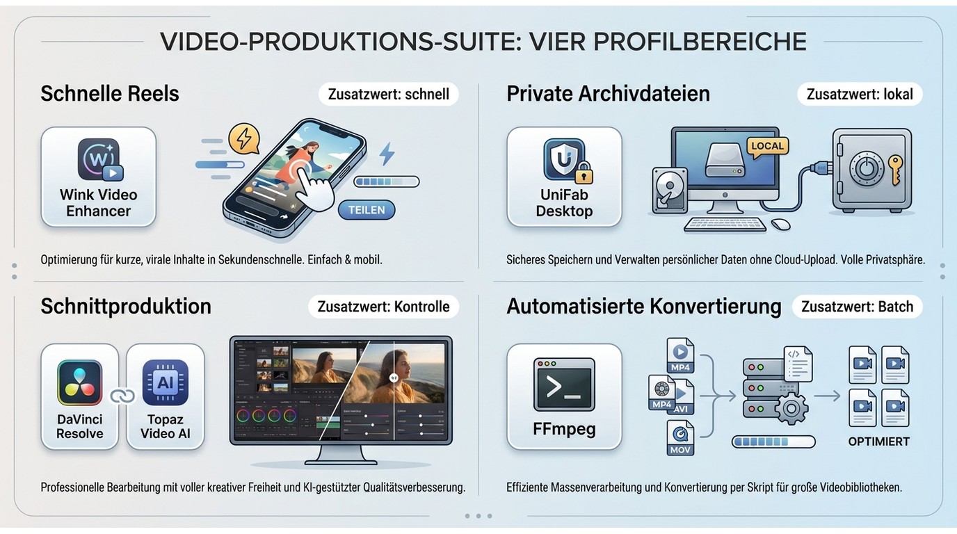 Vier typische Video-Workflows mit Wink, UniFab, DaVinci Resolve, Topaz Video AI und FFmpeg