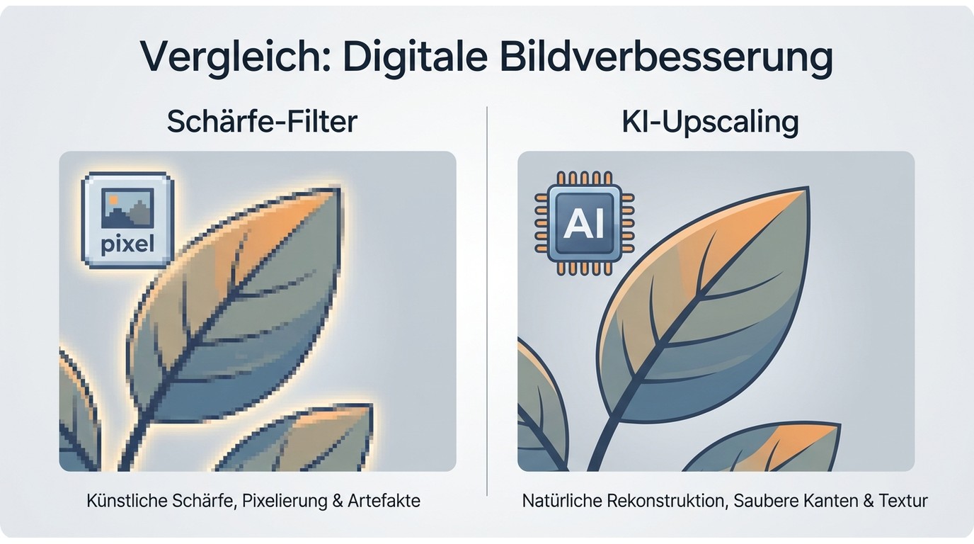 Schärfe-Filter vs. KI-Upscaling: links künstliche Kantenverstärkung mit Halos, rechts rekonstruierte