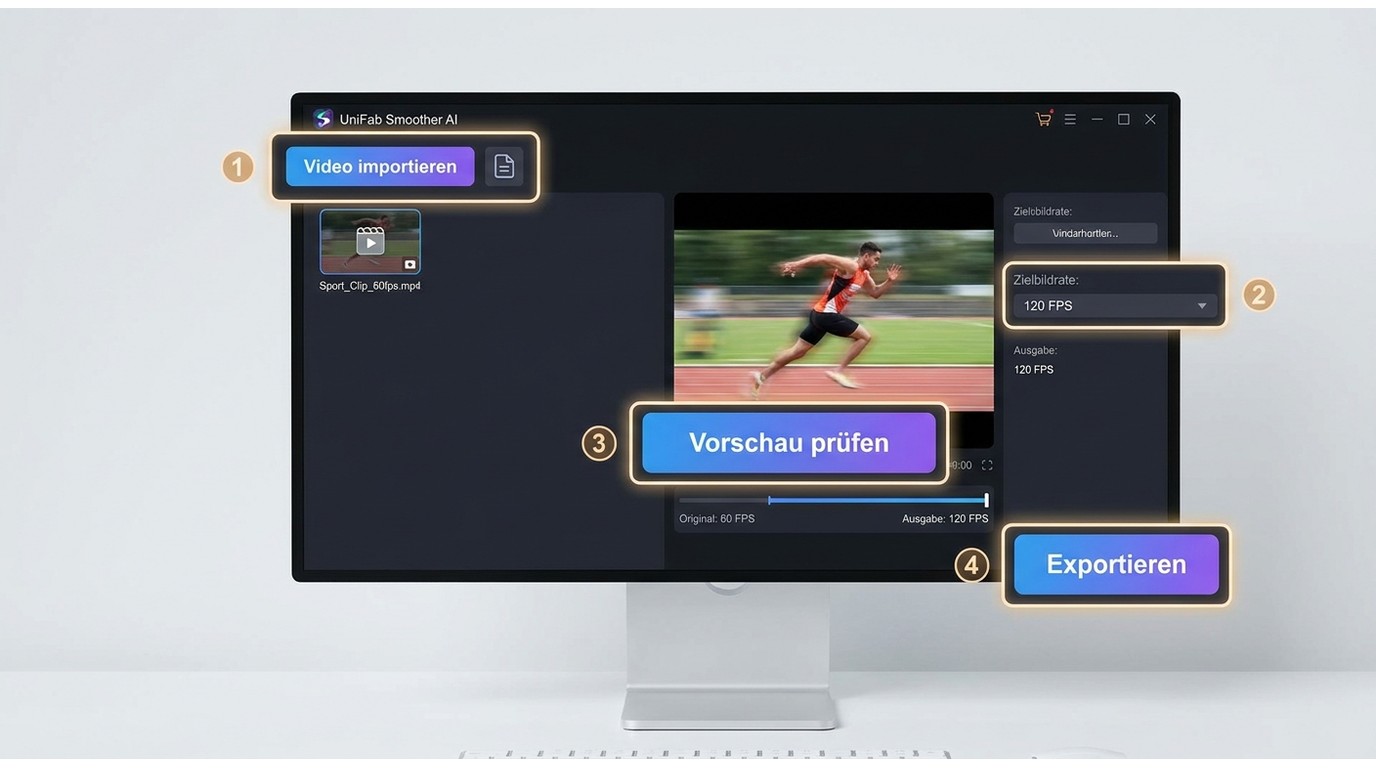 UniFab Smoother AI mit Videoimport, Zielbildrate 120 FPS, Vorschau und Export