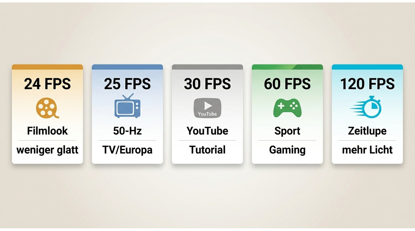Vergleich von 24, 25, 30, 60 und 120 FPS nach Einsatz und Nachteil.