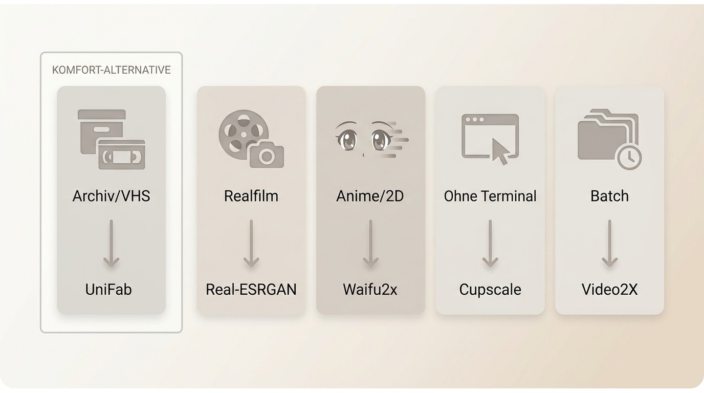 Entscheidungshilfe für Real-ESRGAN, Video2X, Cupscale, Waifu2x und UniFab nach Materialtyp