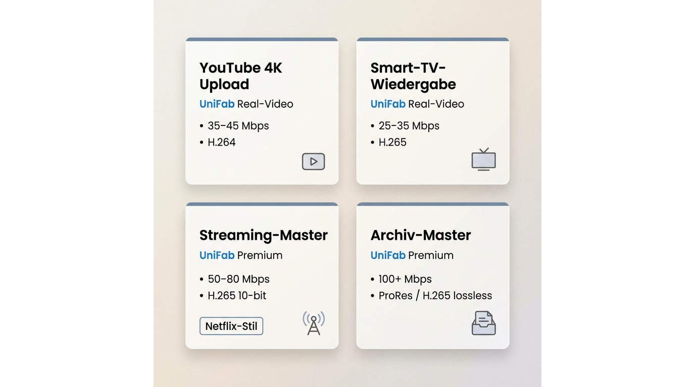 Vier 4K-Anwendungsprofile: YouTube, Smart-TV, Streaming-Master und Archiv-Master mit UniFab-Methode,