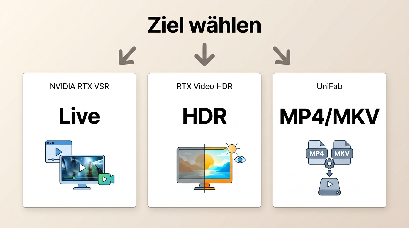 Entscheidung zwischen RTX VSR, RTX Video HDR und UniFab nach Live, HDR oder MP4-Export