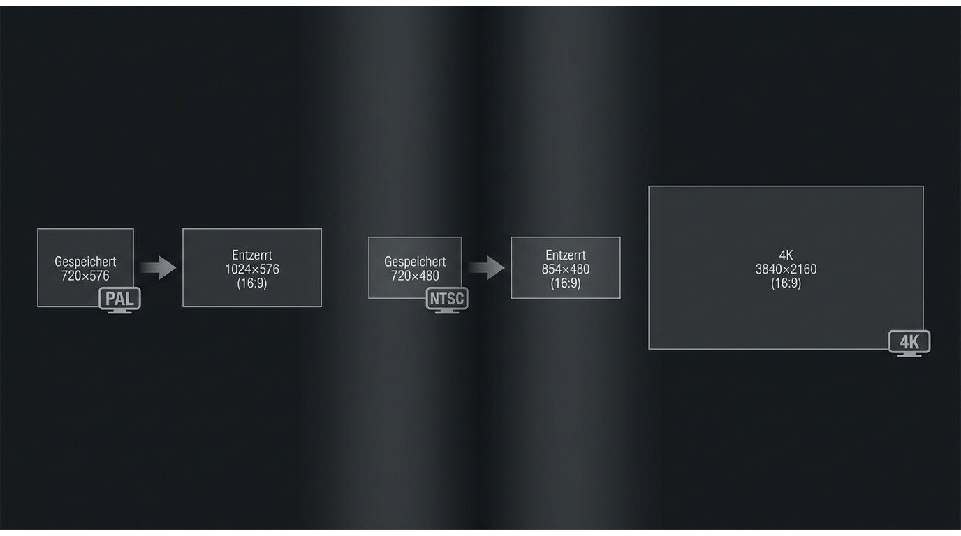 PAL 720×576 zu 1024×576 und NTSC 720×480 zu 854×480 Anamorphic-Entzerrung im Vergleich mit 4K-Zielau