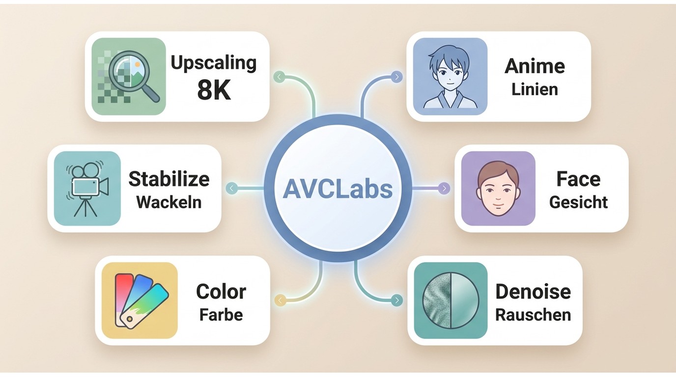 AVCLabs KI-Modelle für Upscaling, Anime, Gesichter, Denoise, Farbe und Stabilisierung