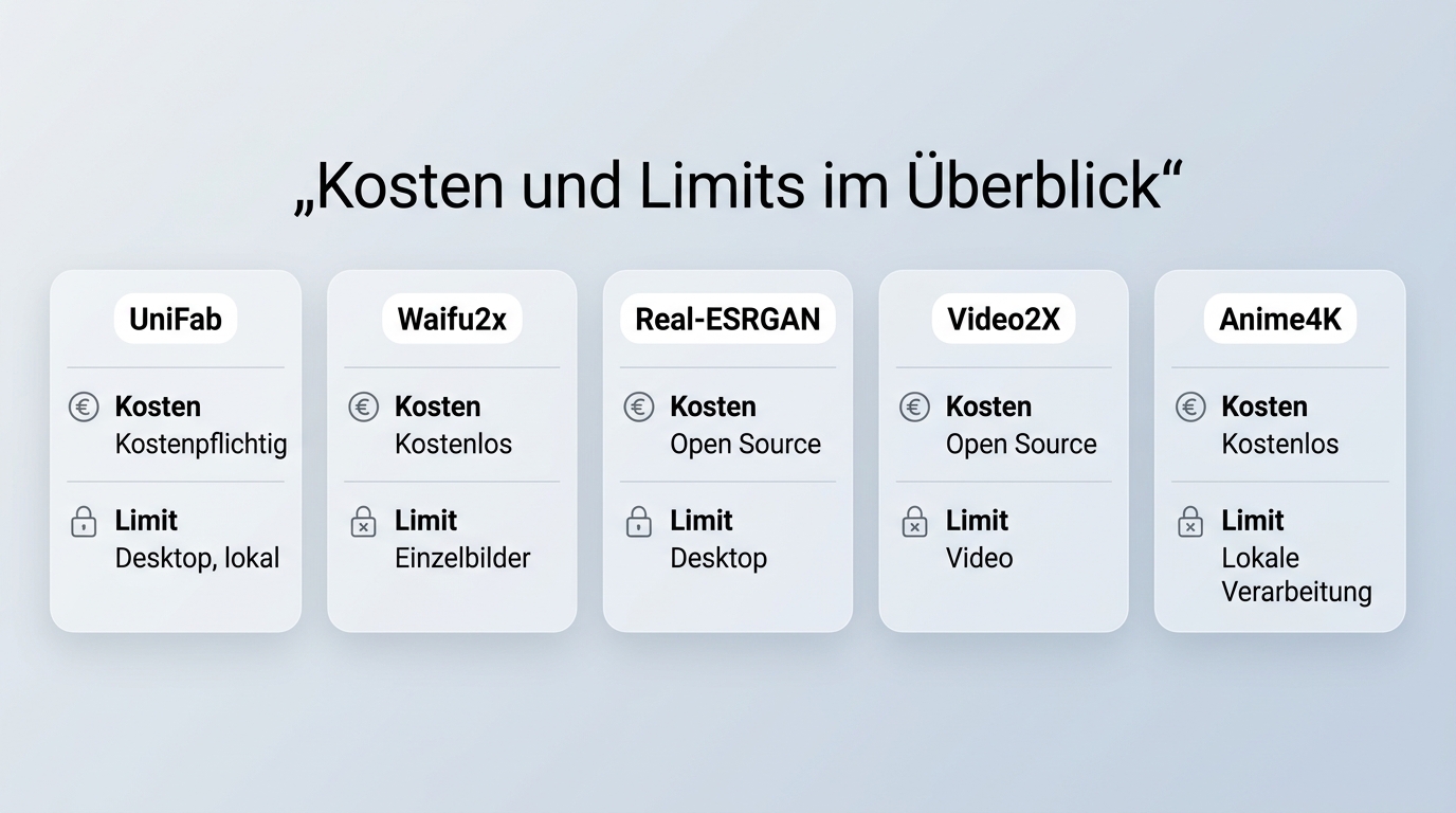 Kosten und Limits von UniFab, Waifu2x, Real-ESRGAN, Video2X und Anime4K im Überblick