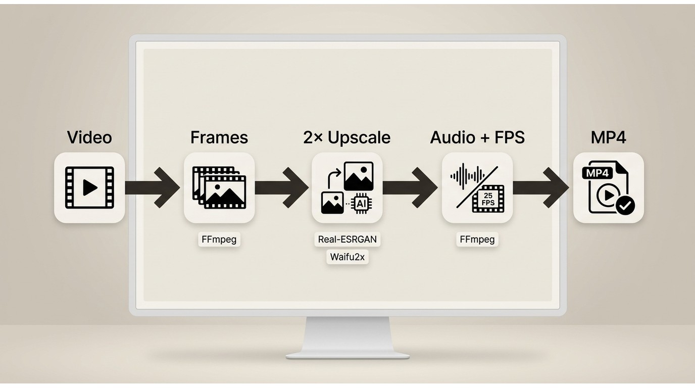 Lokale Upscaling-Pipeline mit Real-ESRGAN, Waifu2x und FFmpeg bis zur fertigen MP4