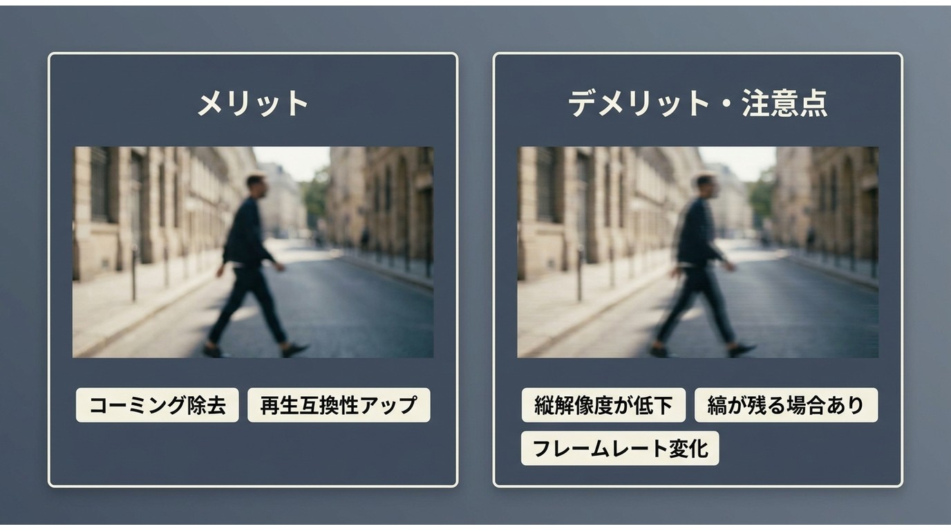 デインターレースのメリット(コーミング除去・互換性向上)とデメリット(解像度低下・縞残り)の対比