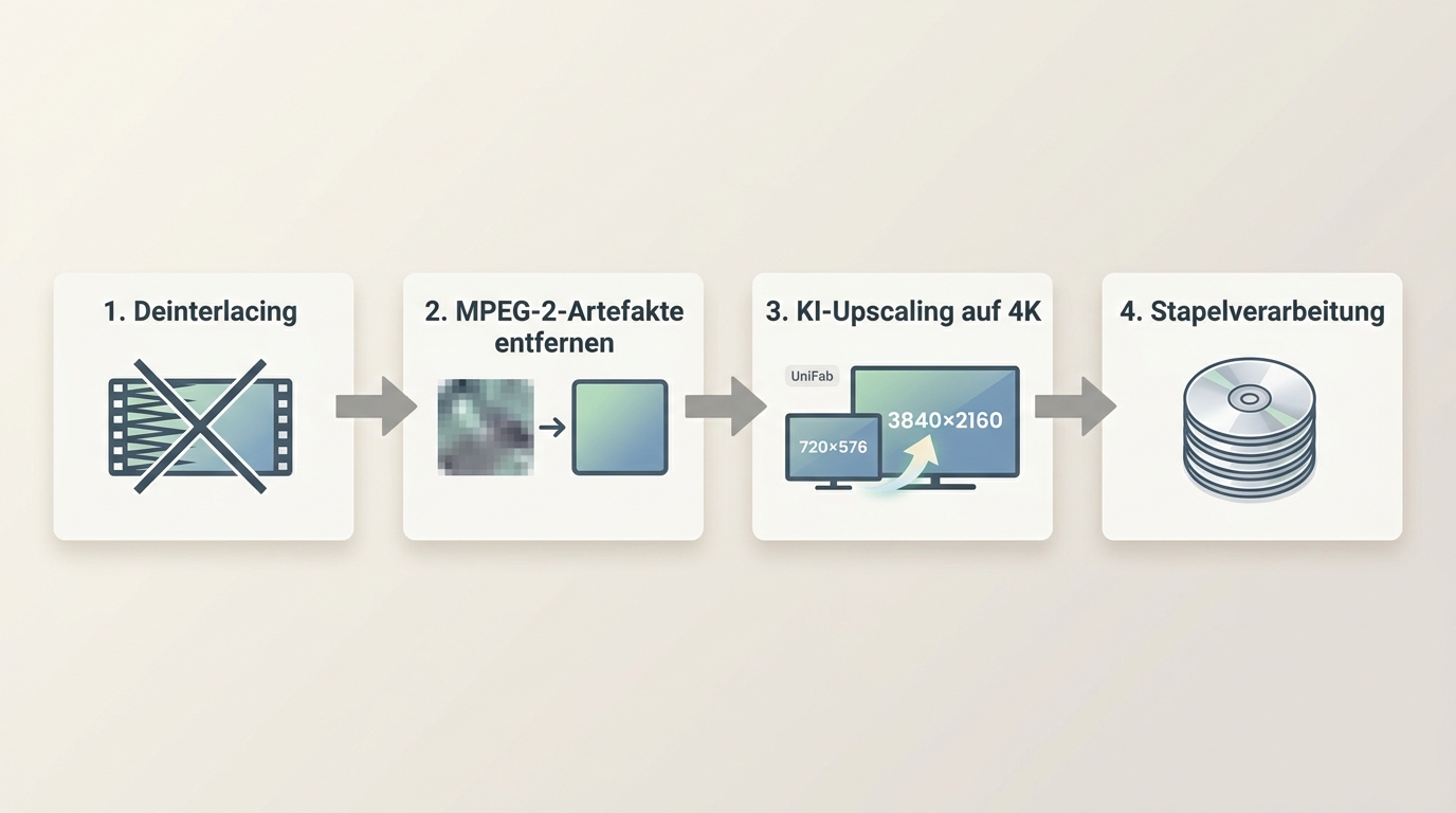 Vierstufiger DVD-zu-4K-Workflow: Deinterlacing, MPEG-2-Artefakte entfernen, KI-Upscaling mit UniFab,