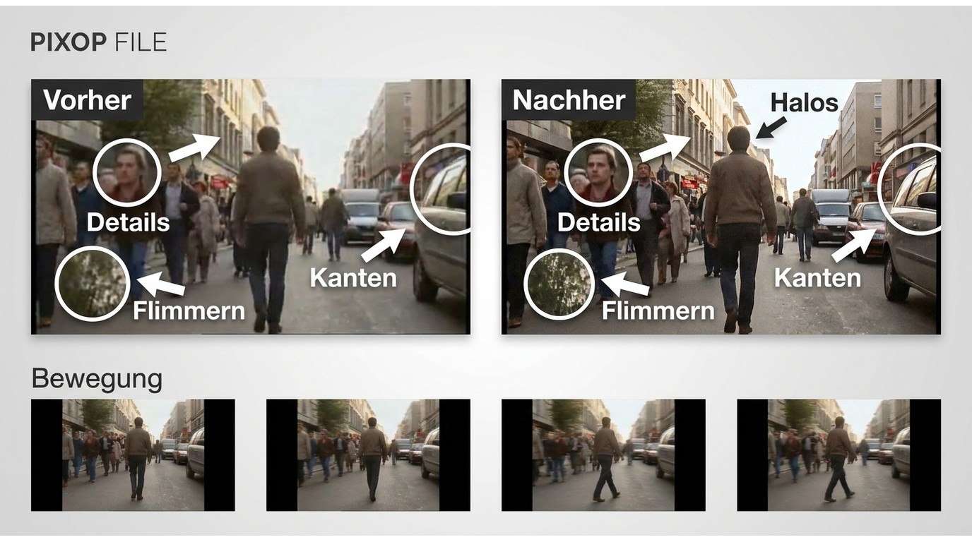 Pixop-Test mit Vorher-Nachher-Frames zur Prüfung von Details, Halos und Flimmern