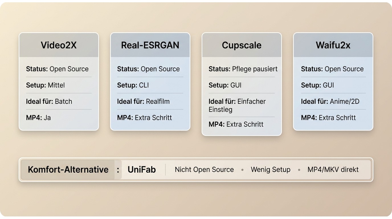 Vergleich von Video2X, Real-ESRGAN, Cupscale, Waifu2x und UniFab nach Setup und Export
