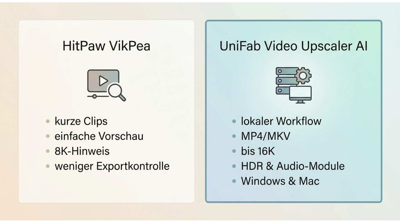 Vergleich von HitPaw VikPea und UniFab nach Workflow, Exportkontrolle und Auflösung