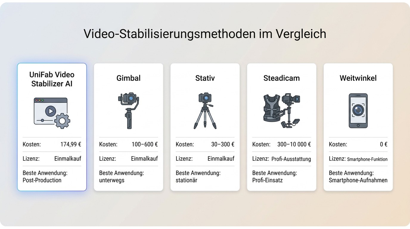 Vergleich UniFab Video Stabilizer AI, Gimbal, Stativ, Steadicam und Weitwinkel nach Kosten und Anwen