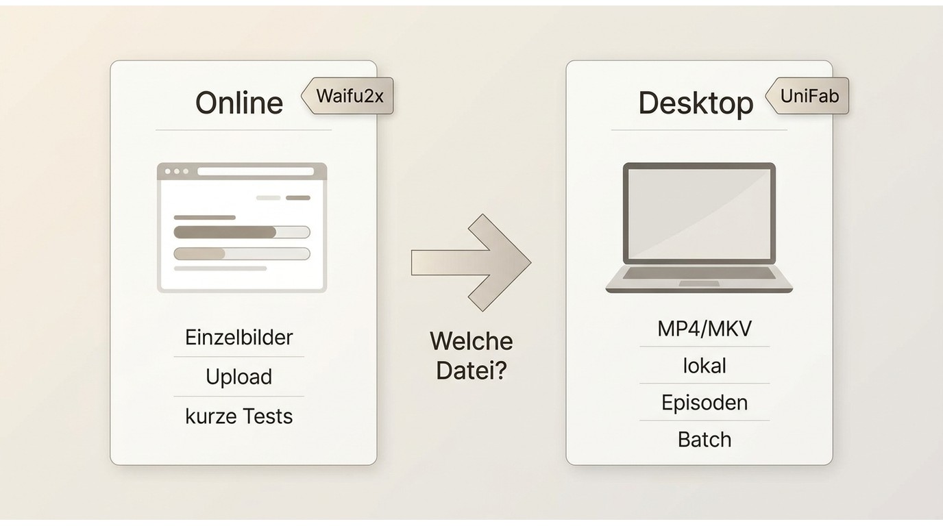 Online-Waifu2x und Desktop-UniFab im Vergleich für Anime-Bilder, MP4 und MKV