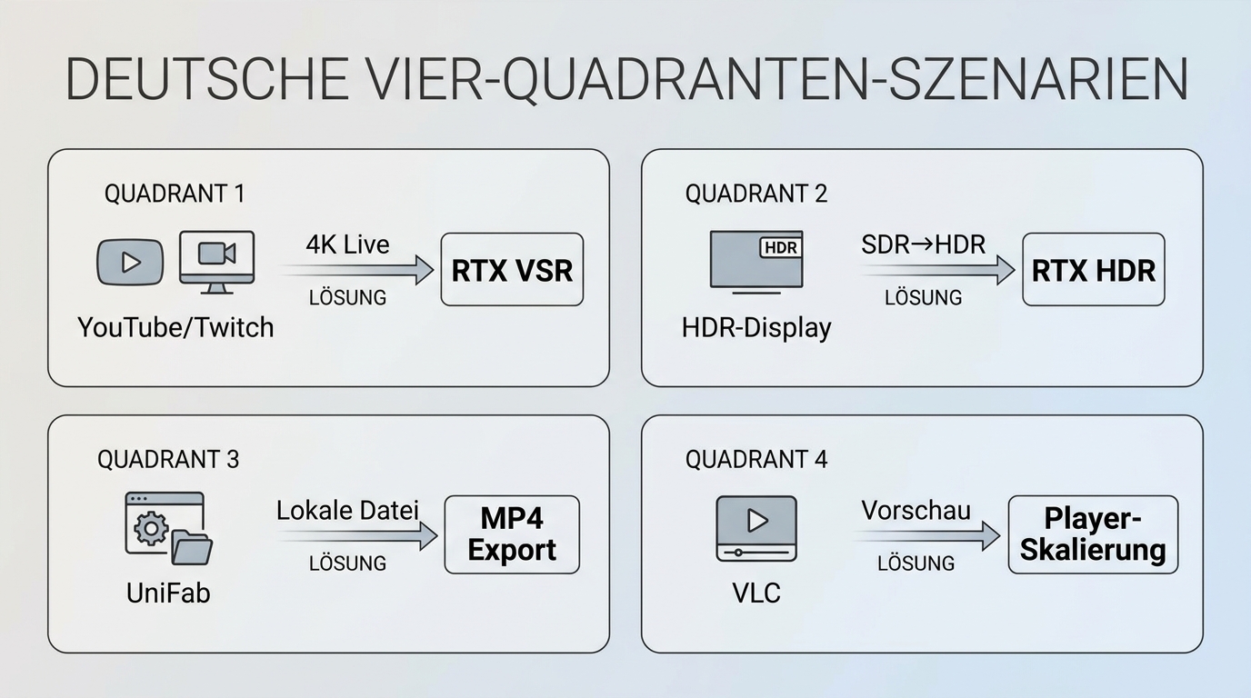 Vier Szenarien ordnen YouTube, HDR, UniFab-Datei-Export und VLC-Vorschau der passenden Lösung zu