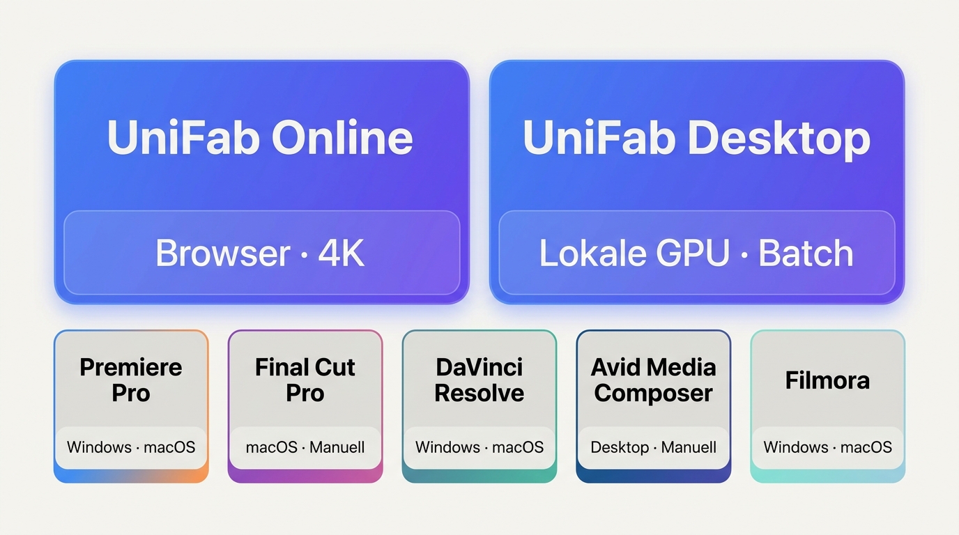 Vergleich von UniFab, Premiere Pro, Final Cut Pro, Resolve, Avid und Filmora