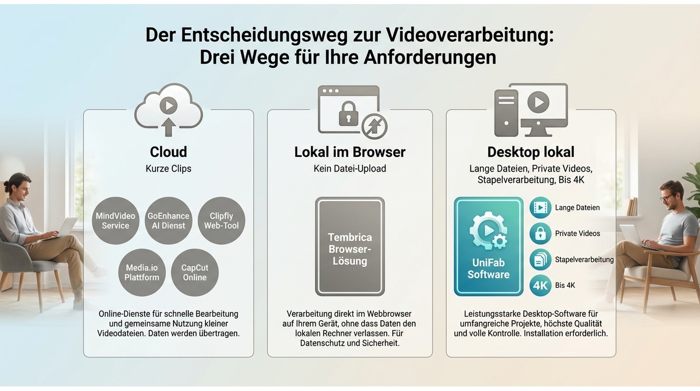 Entscheidung zwischen Cloud-Tools, Tembrica im Browser und UniFab auf dem Desktop
