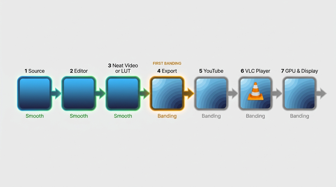 Banding diagnosis from source and effects through export, YouTube, player, and display