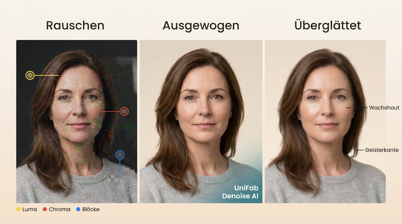 Rauscharten und Schäden durch zu starke Entrauschung am Beispiel UniFab Denoise AI