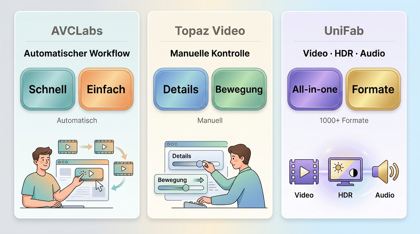 Entscheidungshilfe für AVCLabs, Topaz Video und UniFab nach Einsatzprofil