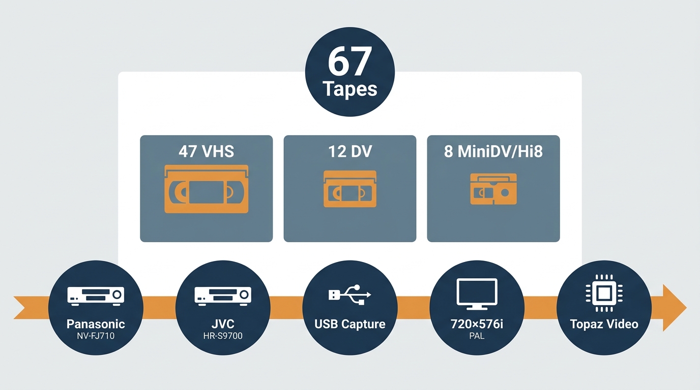 Verteilung der 67 Test-Tapes: 47 VHS, 12 DV und 8 MiniDV/Hi8 mit Capture-Kette