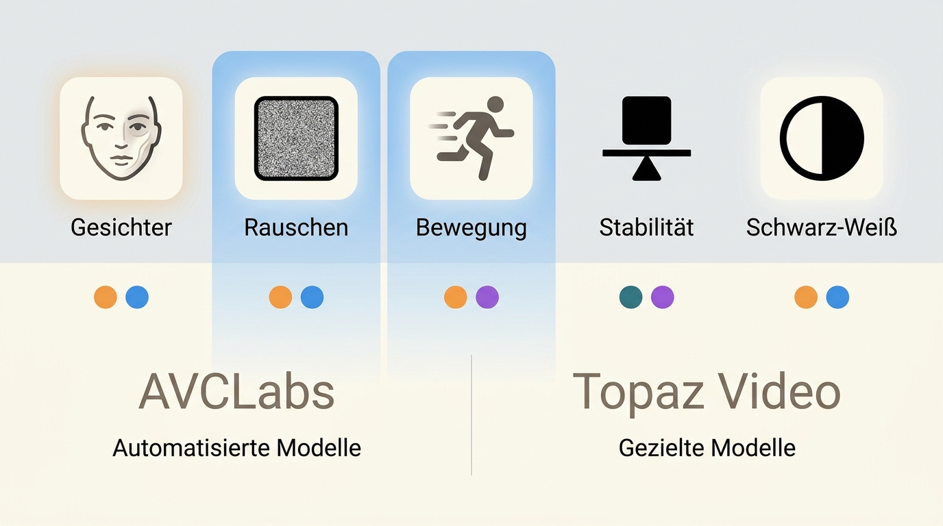 KI-Funktionen von AVCLabs und Topaz Video für Gesichter, Rauschen und Bewegung