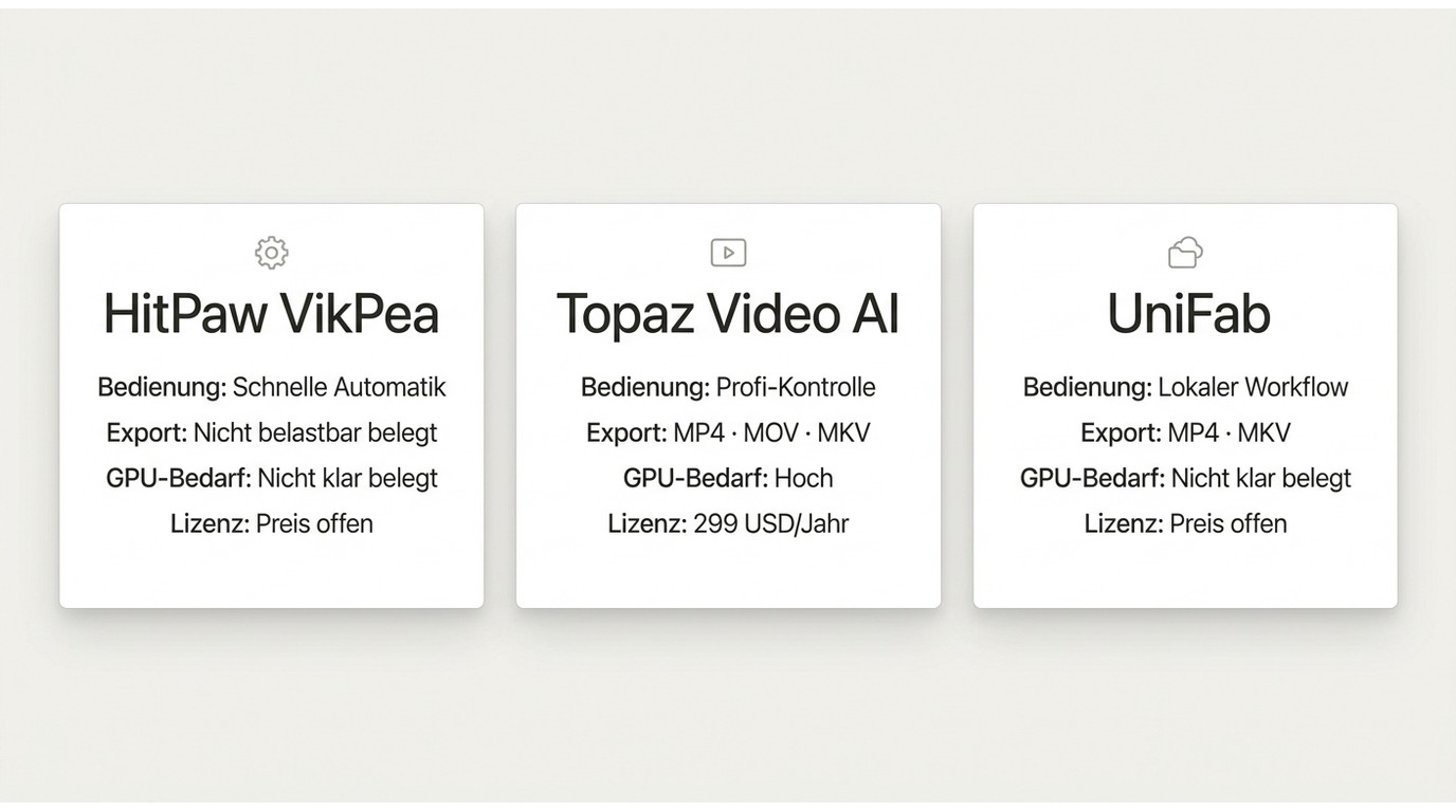 Vergleich von HitPaw, Topaz und UniFab bei Bedienung, Export, GPU-Bedarf und Lizenz