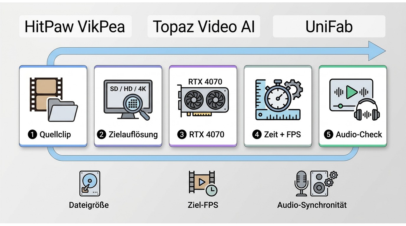 Testablauf für HitPaw, Topaz und UniFab mit RTX 4070, Export-FPS und Audioprüfung