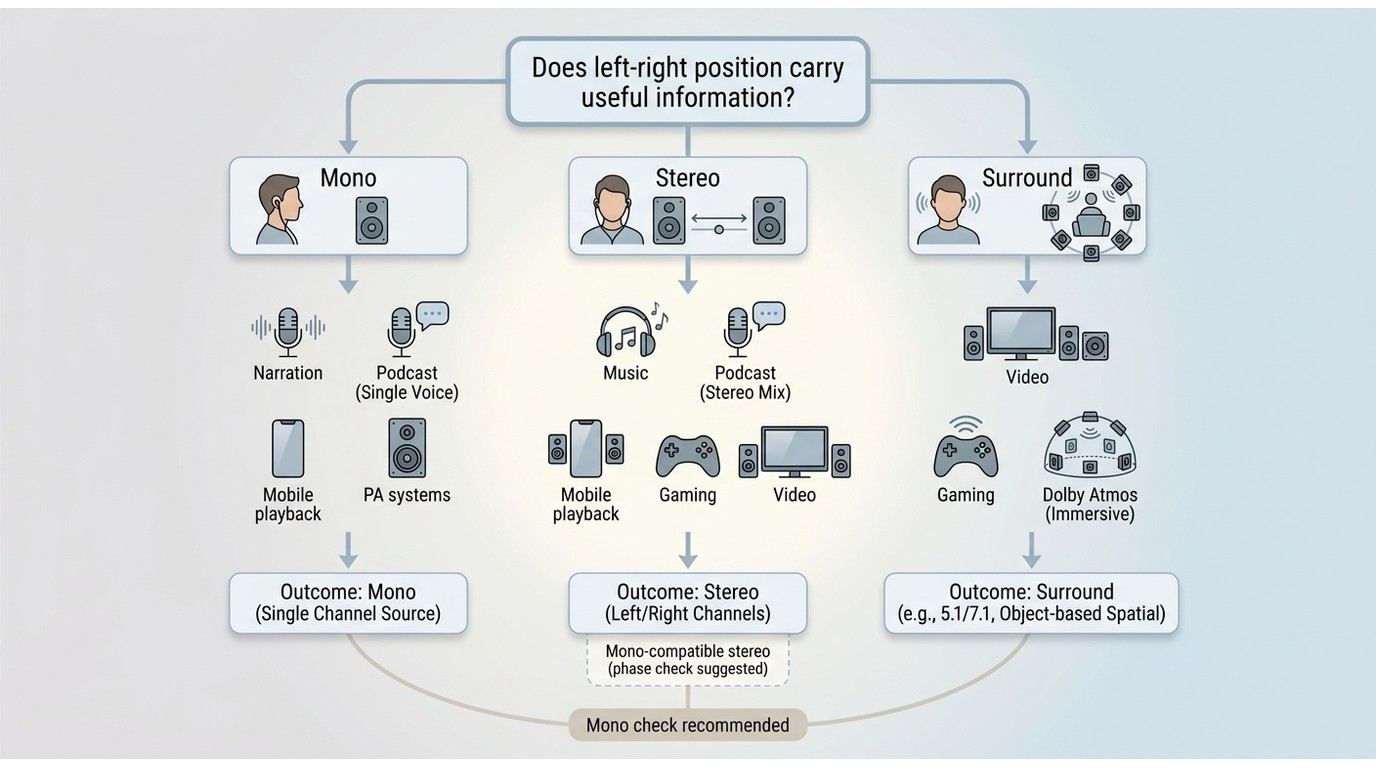 Decision guide for choosing mono, stereo, or surround by audio use case