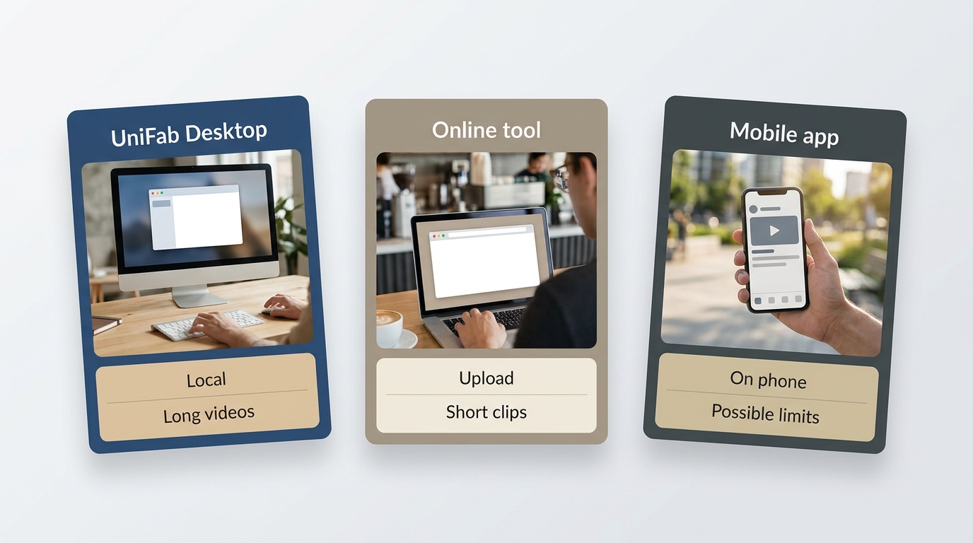 UniFab desktop, online, and mobile face-unblur options compared by privacy and clip length